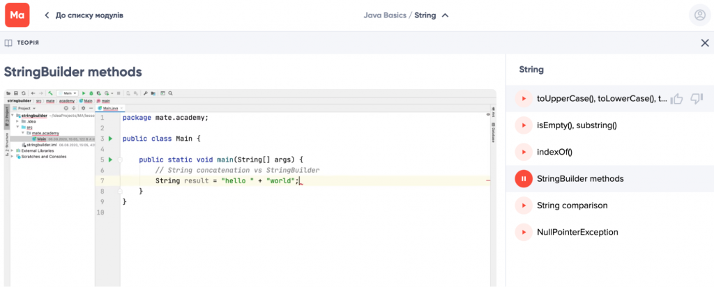 Скріншот з платформи курсу Java basics